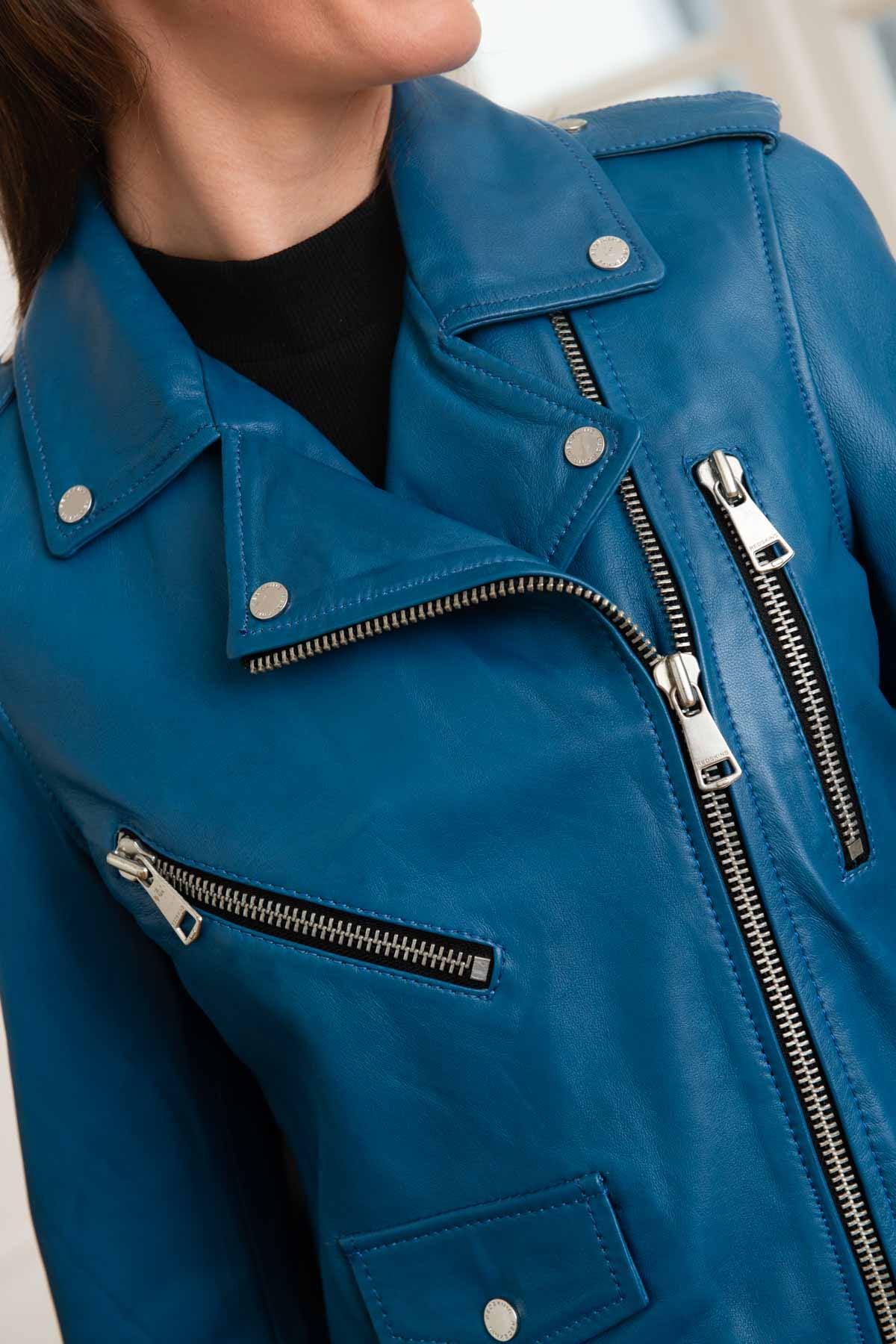 Redskins' electric blue lambskin biker jacket-bold, supple, timeless. - Image n°2