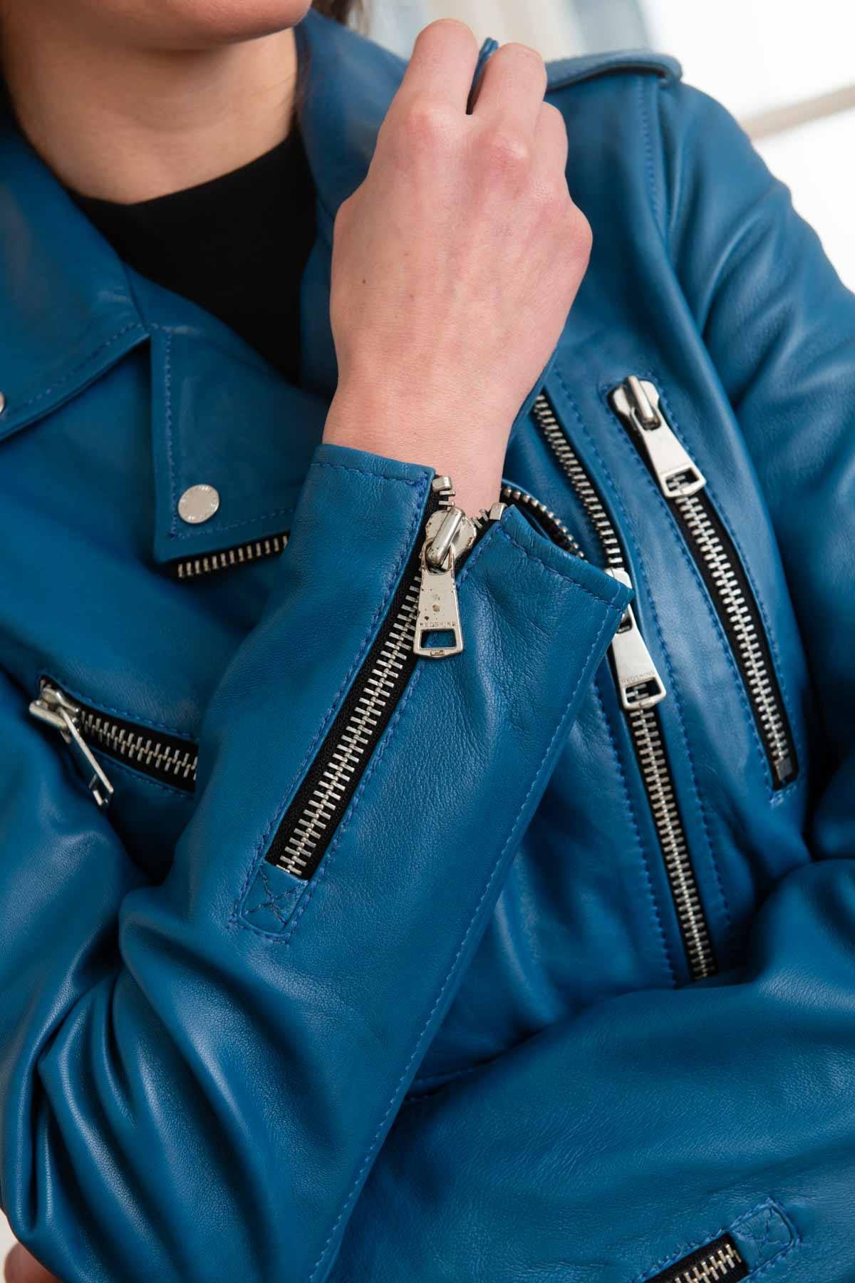 Redskins' electric blue lambskin biker jacket-bold, supple, timeless. - Image n°3