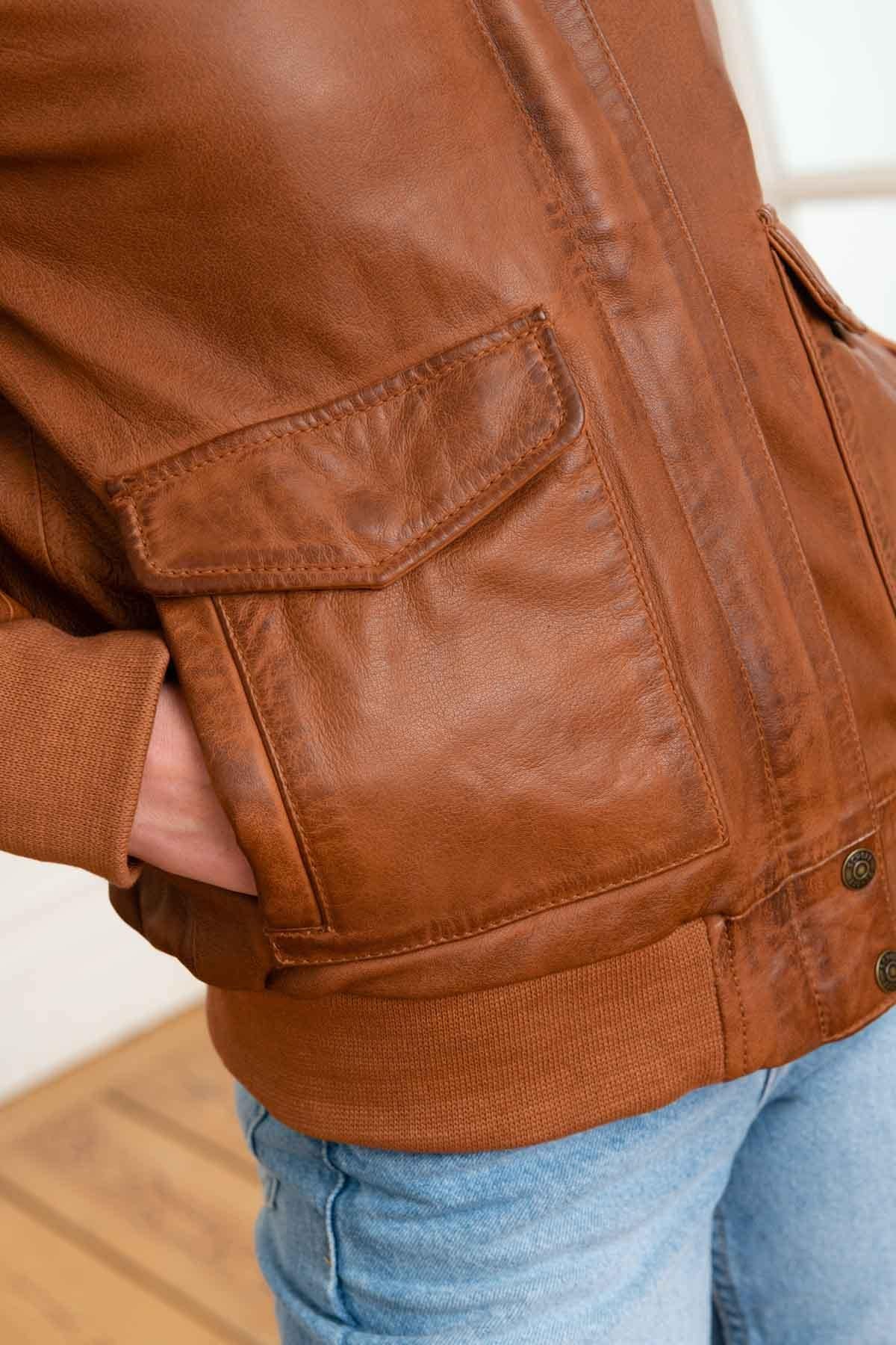 Women's cognac aviator style leather jacket - Image n°7