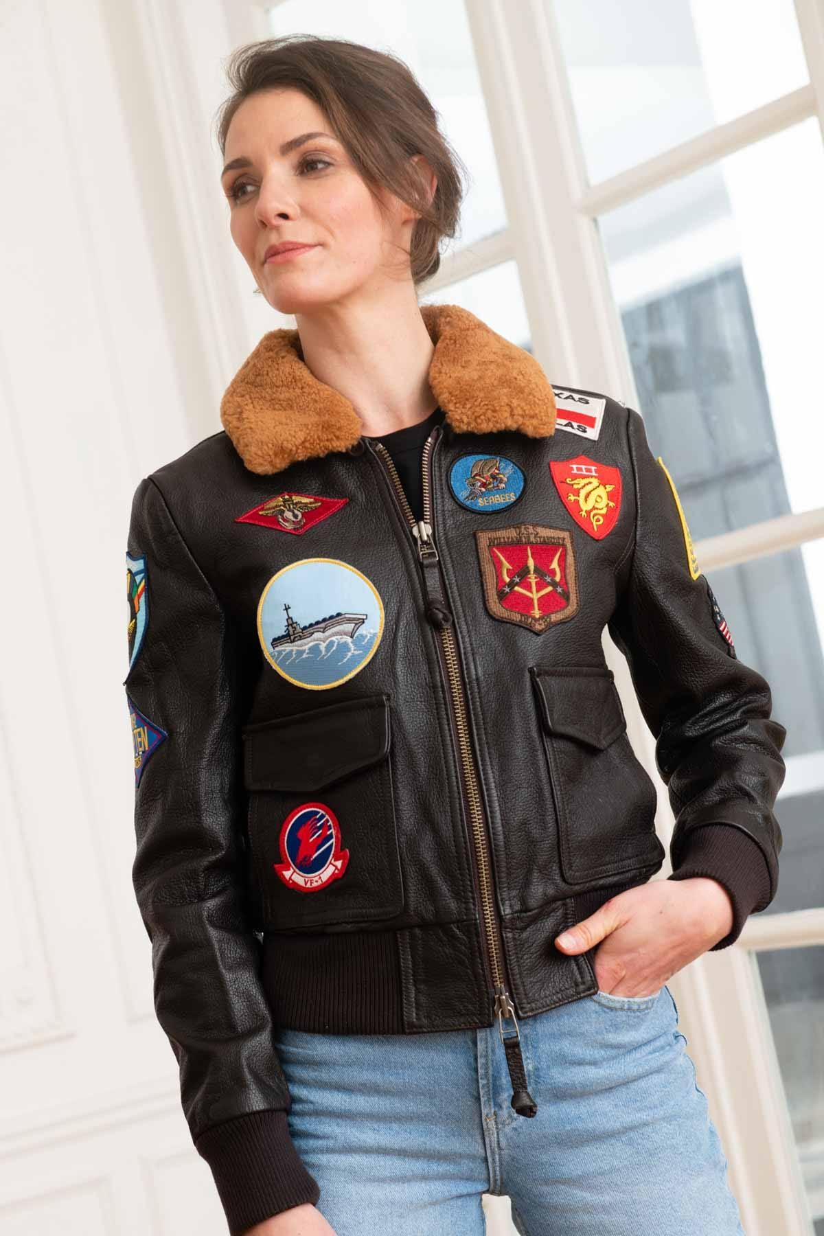 Top Gun maroon goatskin jacket: 17 patches, removable faux-fur collar. - Image n°1