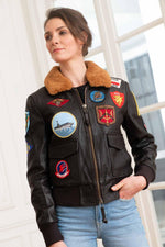 Top Gun maroon goatskin jacket: 17 patches, removable faux-fur collar. - Image n°1