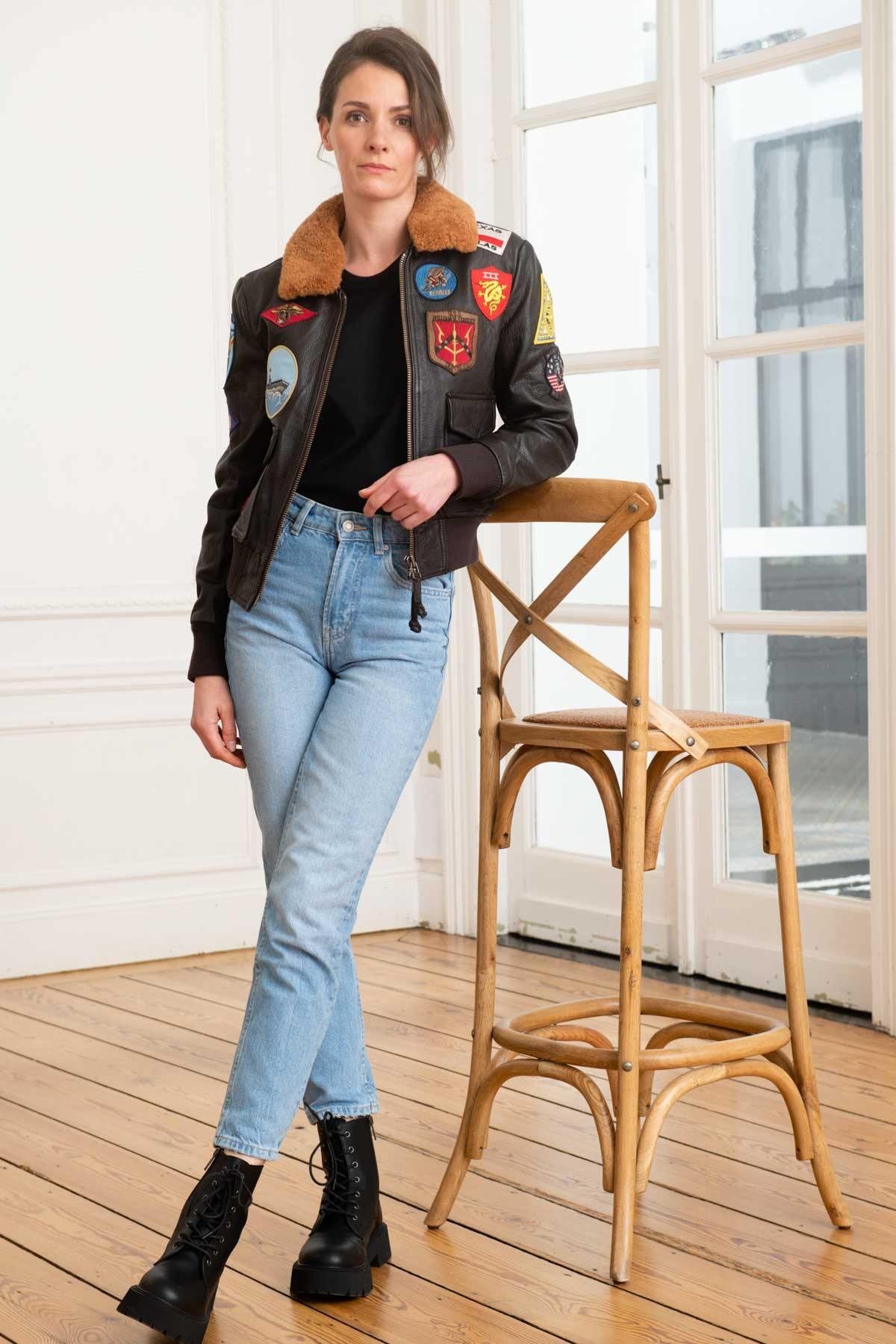 Top Gun maroon goatskin jacket: 17 patches, removable faux-fur collar. - Image n°3