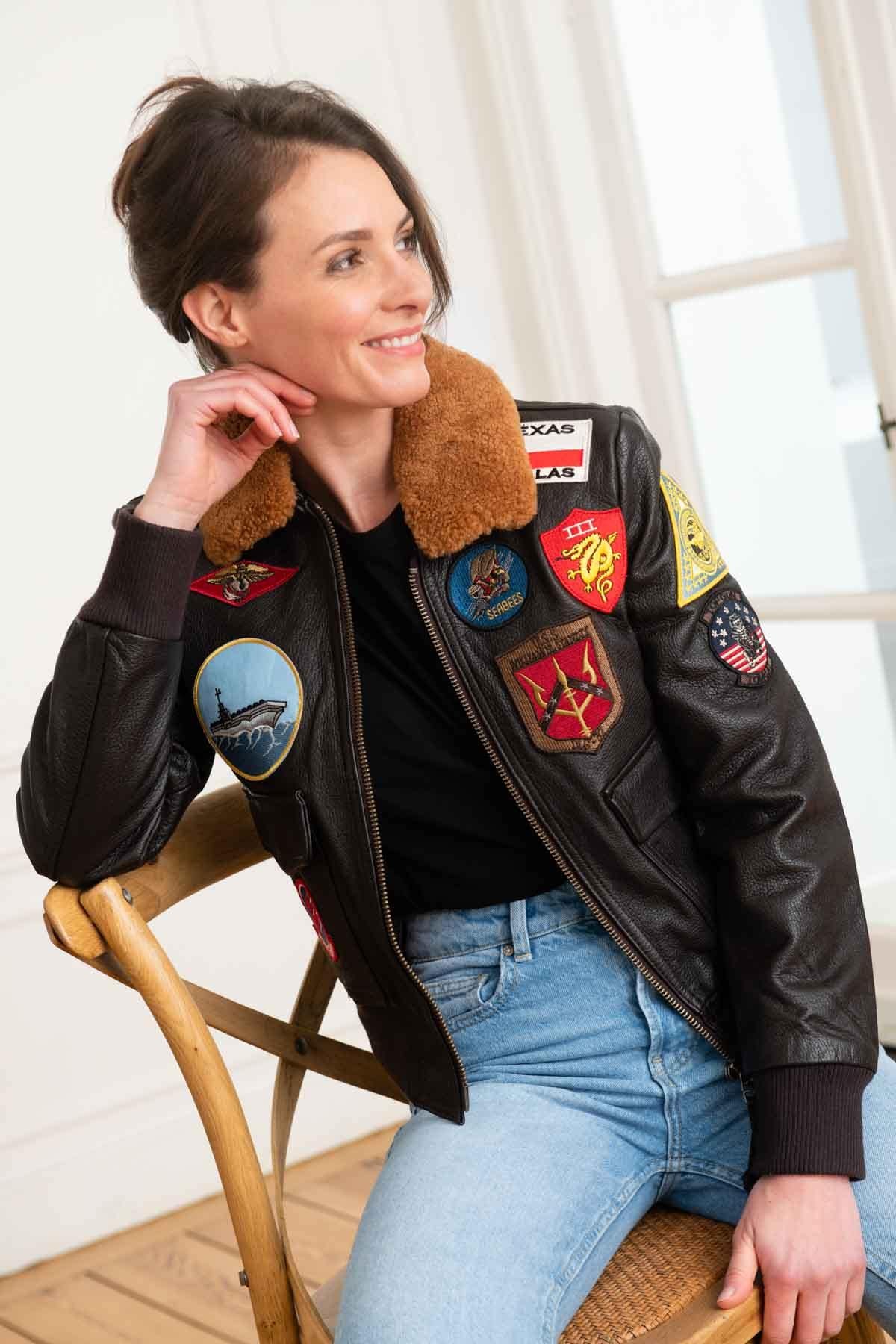 Top Gun maroon goatskin jacket: 17 patches, removable faux-fur collar. - Image n°6