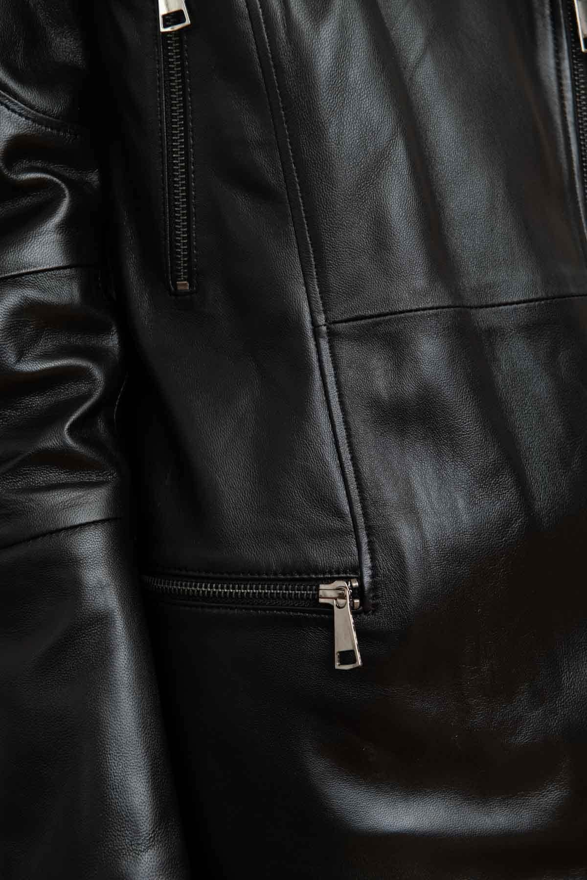Mid-length black lambskin jacket by Cityzen. Rock style, regular fit. - Image n°8