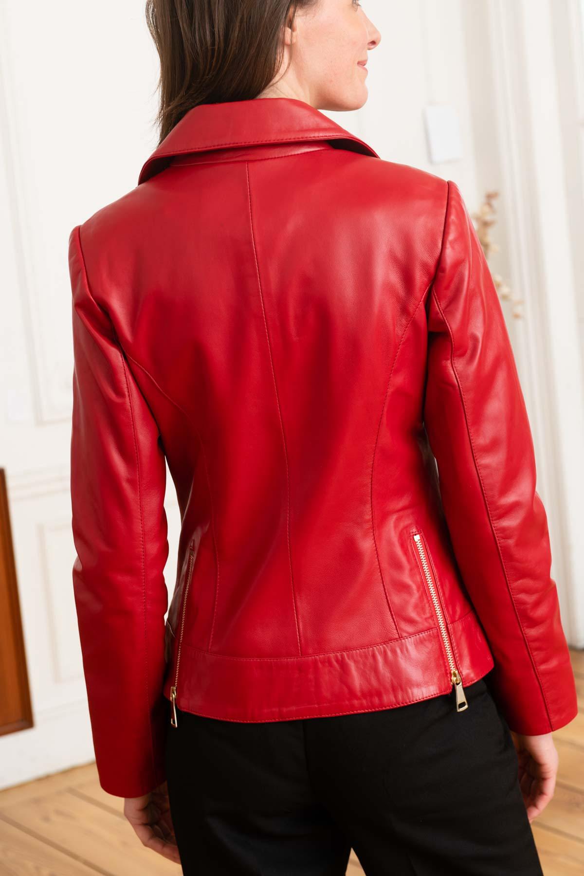 Slim red lambskin biker jacket, golden details for a rock-chic allure. - Image n°6