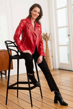 Slim red lambskin biker jacket, golden details for a rock-chic allure. - Image n°2
