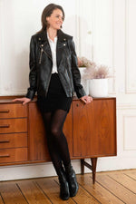 Black lambskin biker jacket with slim fit and metallic zip details. - Image n°2