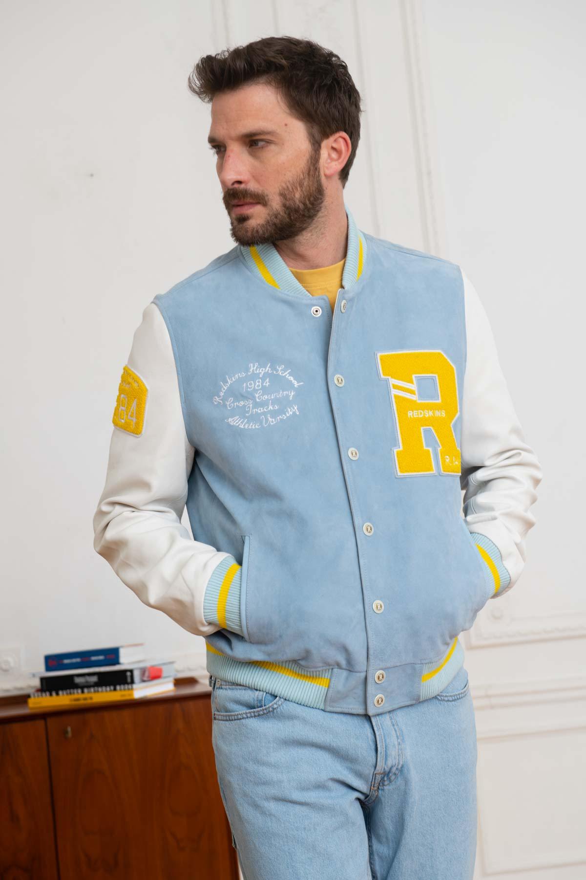 Sky blue and white teddy jacket in suede and lambskin leather. - Image n°4