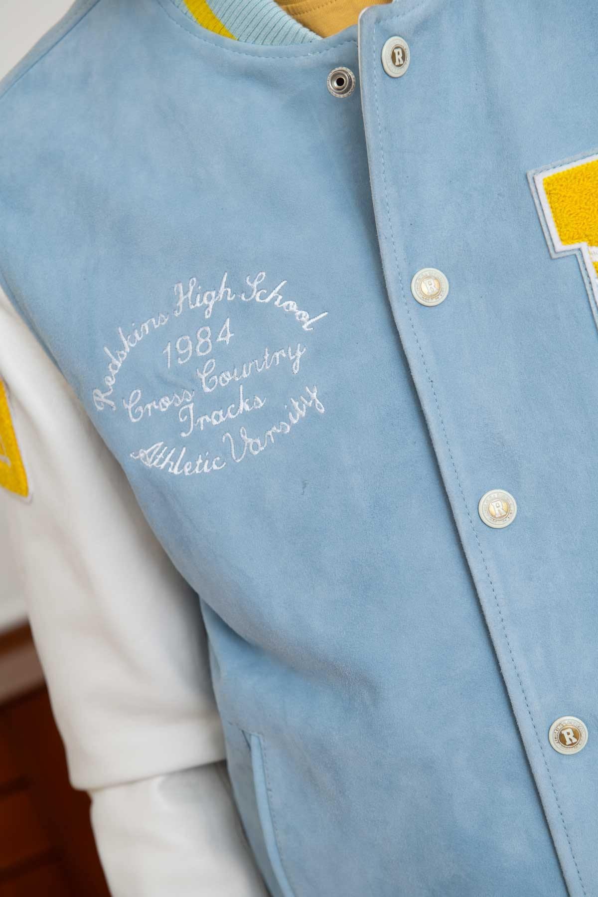 Embroidered yellow/blue/white leather varsity teddy - Image n°8