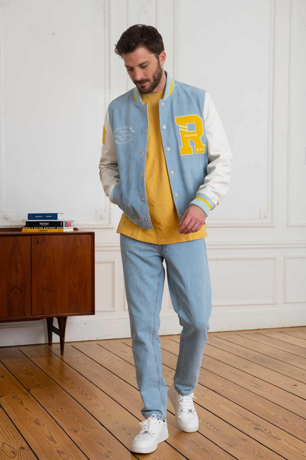 Sky blue and white teddy jacket in suede and lambskin leather. - Image n°2