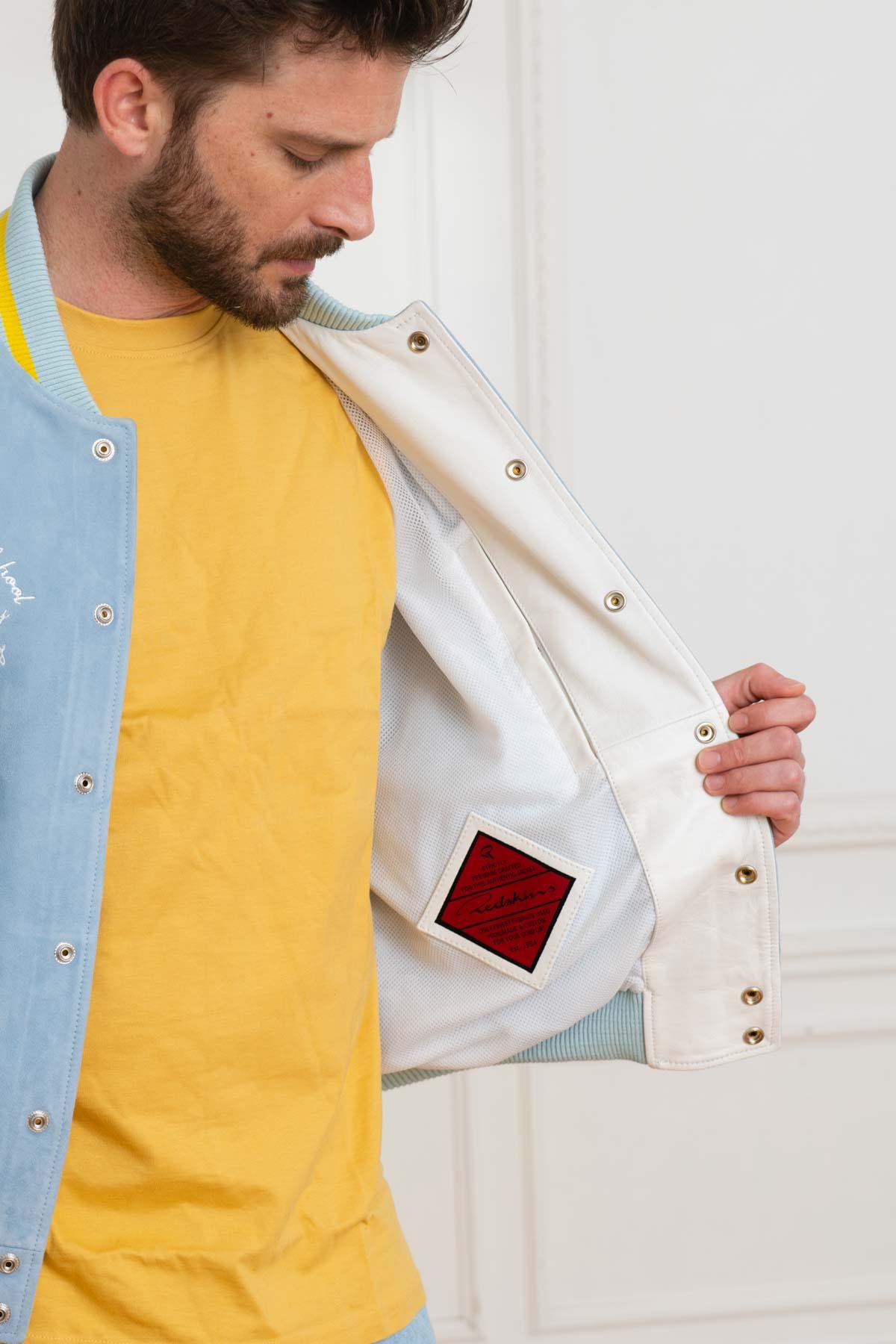 Sky blue and white teddy jacket in suede and lambskin leather. - Image n°3