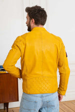 Yellow patched biker collar leather jacket - Image n°6