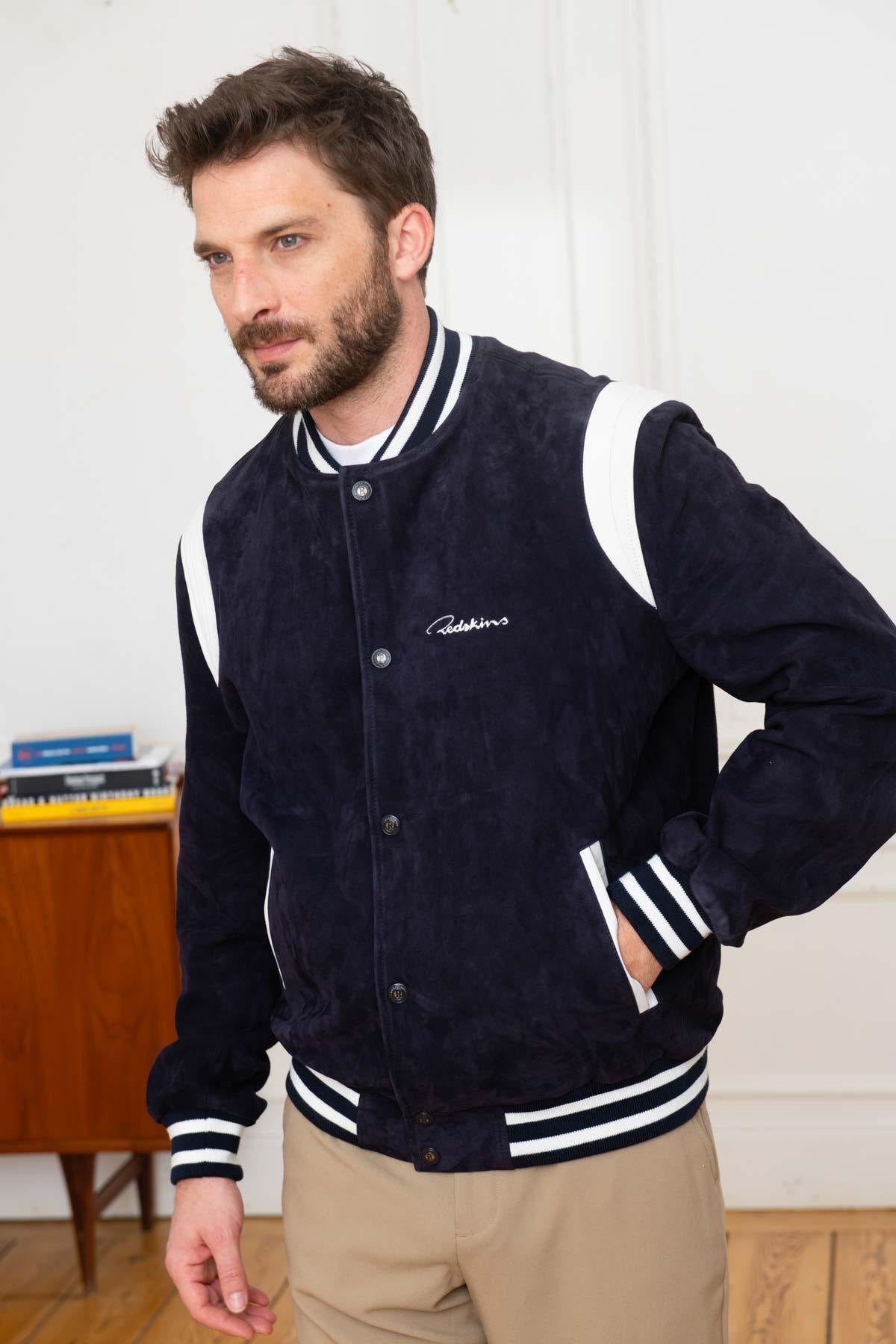 Redskins' navy/white suede goatskin teddy, sporty and relaxed. - Image n°1