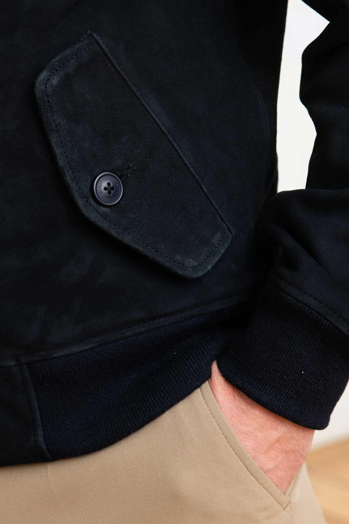 Navy suede goatskin jacket by Schott-biker style meets everyday wear. - Image n°7