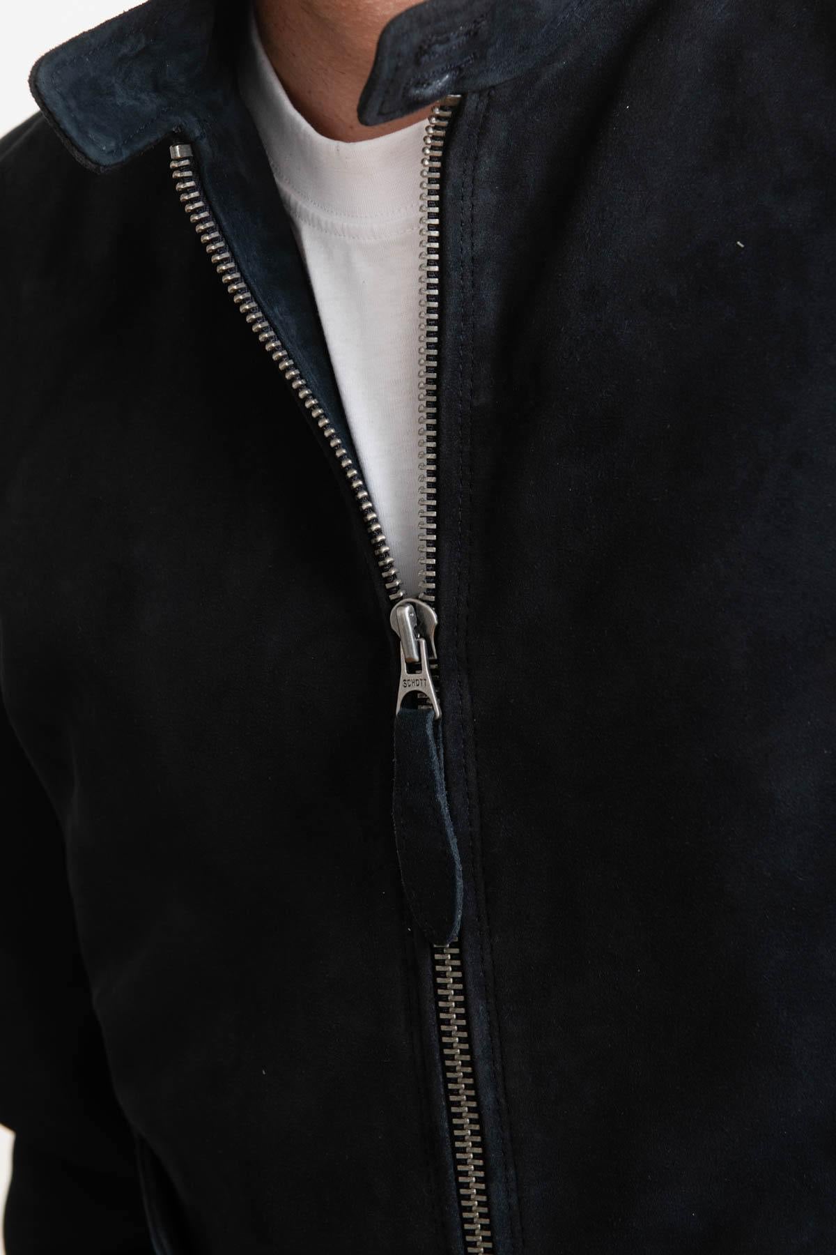 Navy suede goatskin jacket by Schott-biker style meets everyday wear. - Image n°6