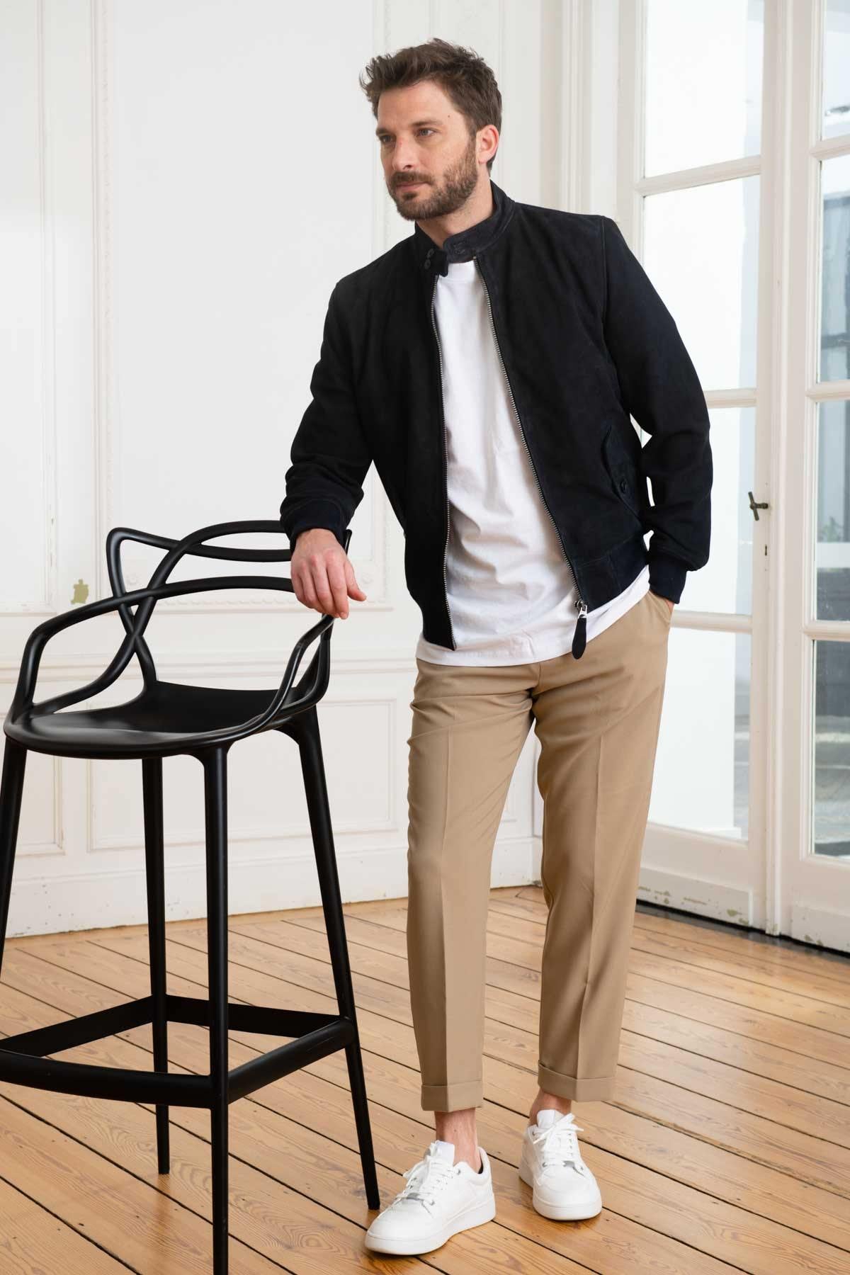 Navy suede goatskin jacket by Schott-biker style meets everyday wear. - Image n°2