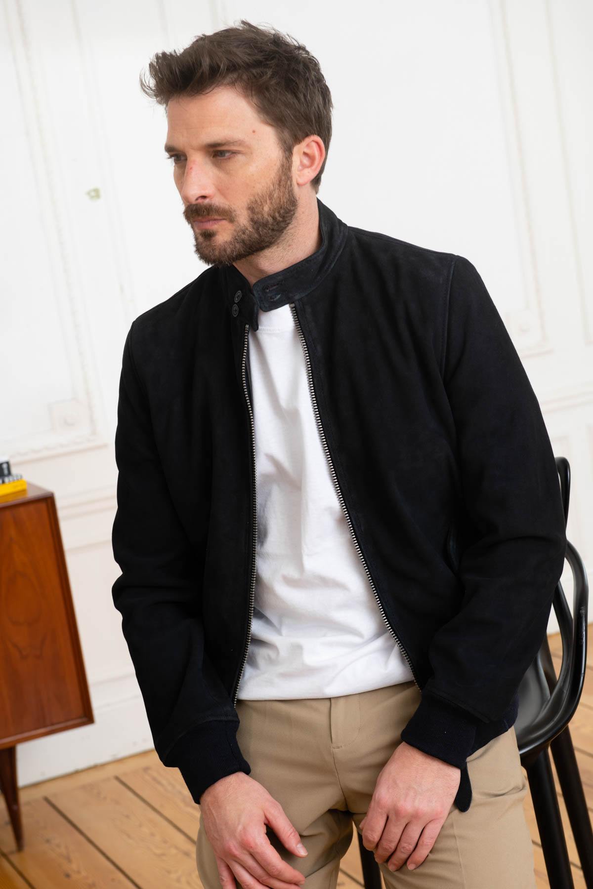 Navy suede goatskin jacket by Schott-biker style meets everyday wear. - Image n°3