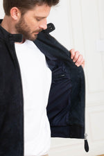 Navy suede goatskin jacket by Schott-biker style meets everyday wear. - Image n°4