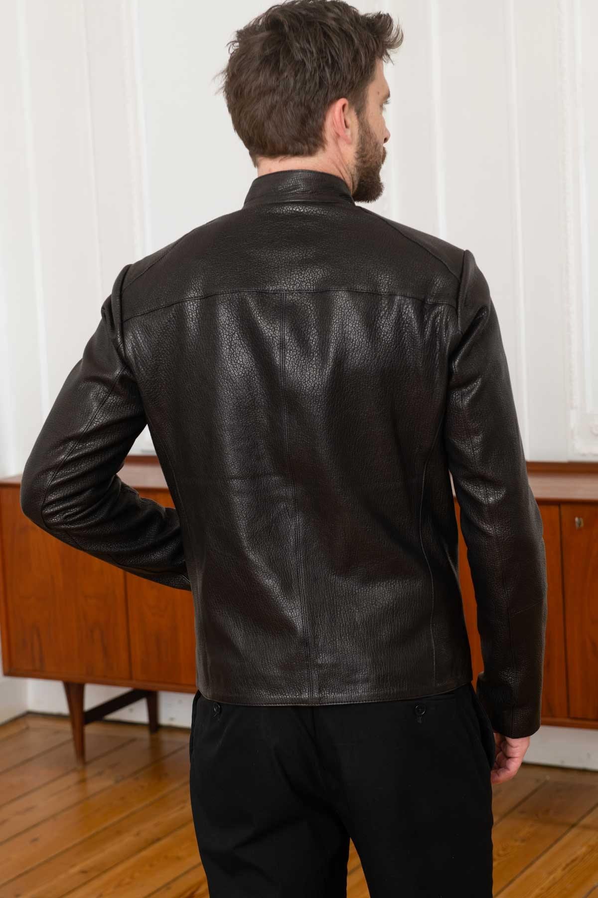 Black lambskin jacket, moto collar, regular fit-ideal for any season. - Image n°5