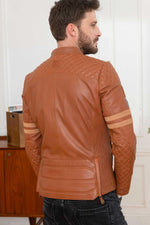 Cognac sheep leather jacket: motard collar, biker details, regular fit. - Image n°7