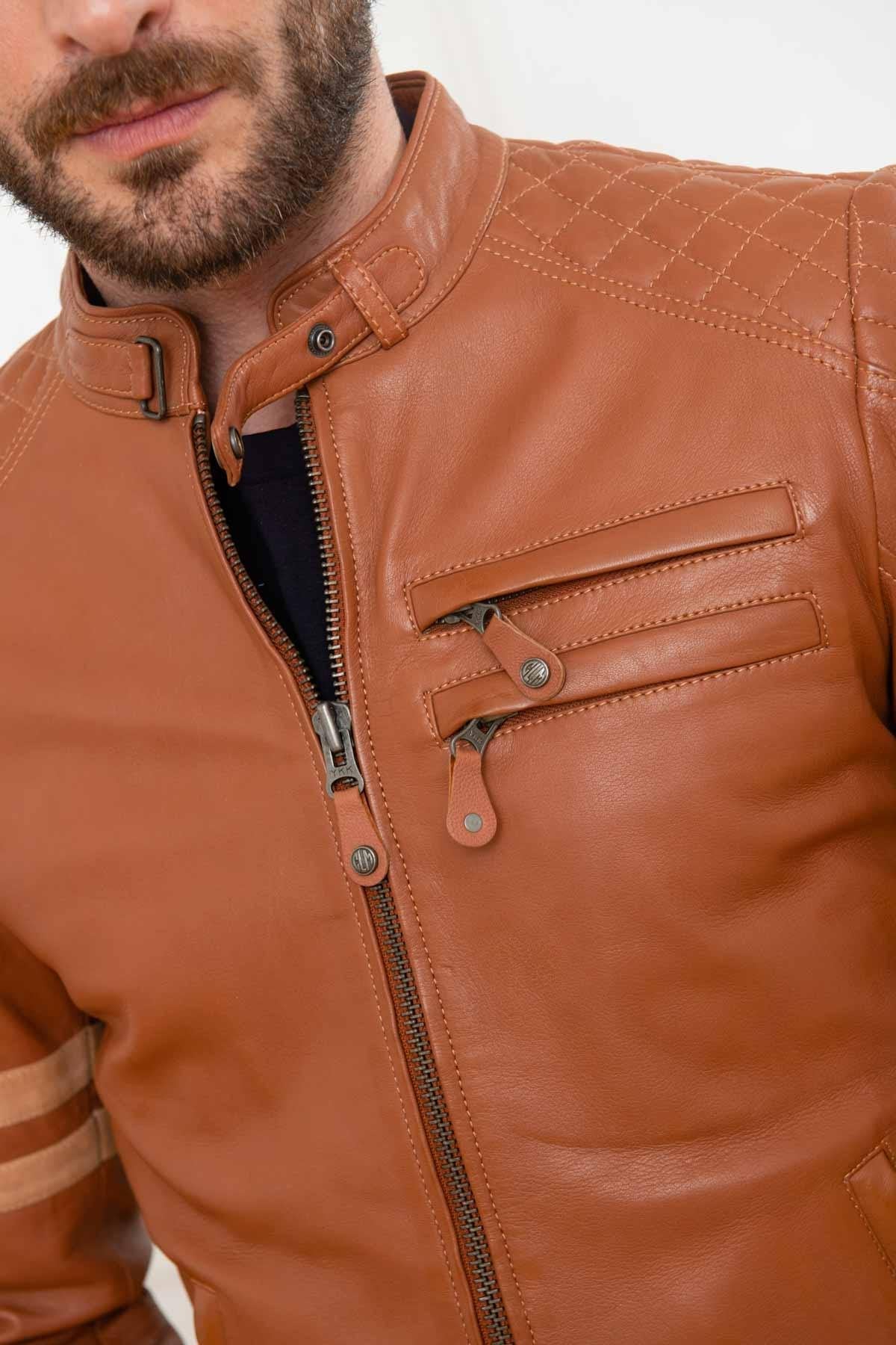 Cognac sheep leather jacket: motard collar, biker details, regular fit. - Image n°9