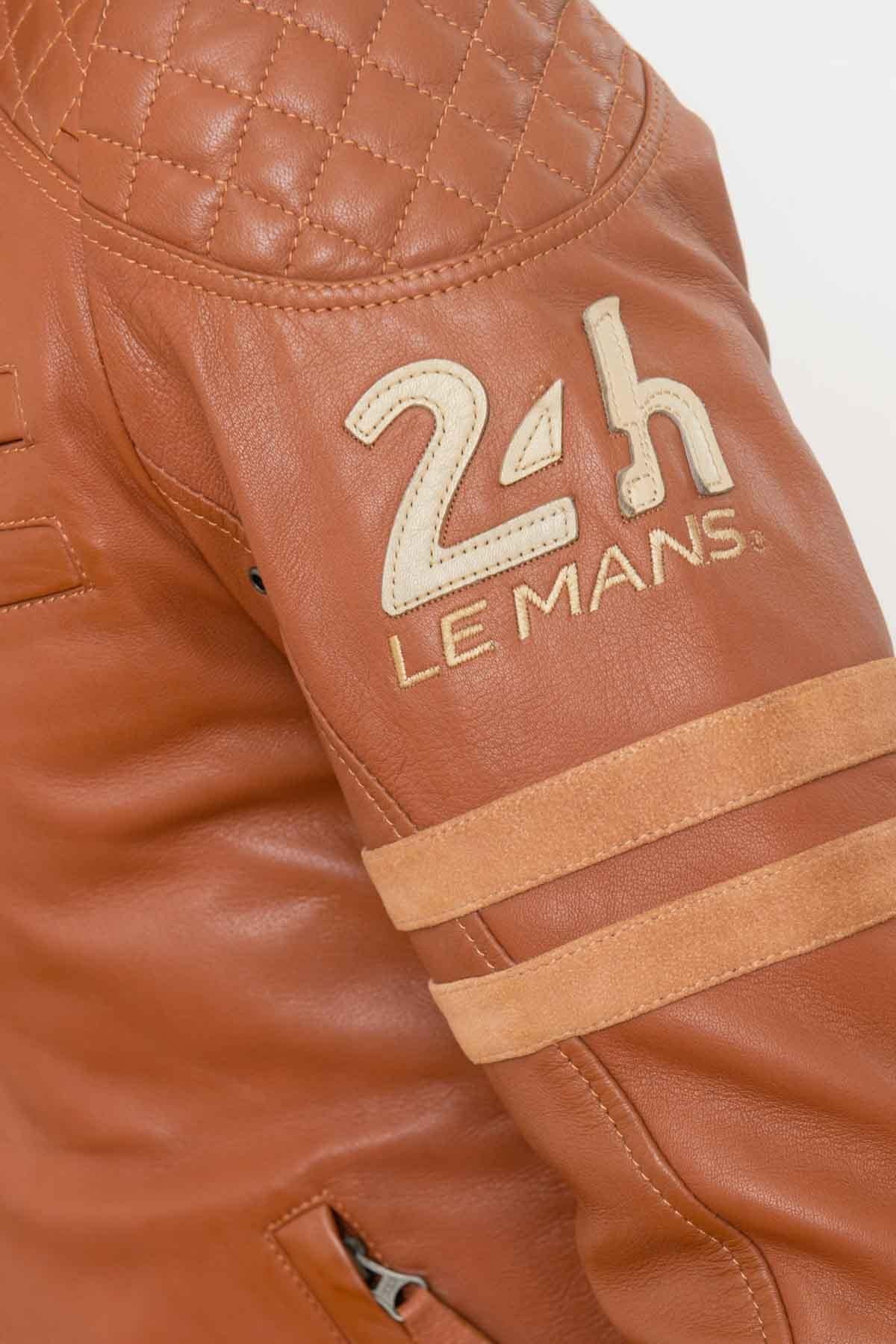 Cognac sheep leather jacket: motard collar, biker details, regular fit. - Image n°10