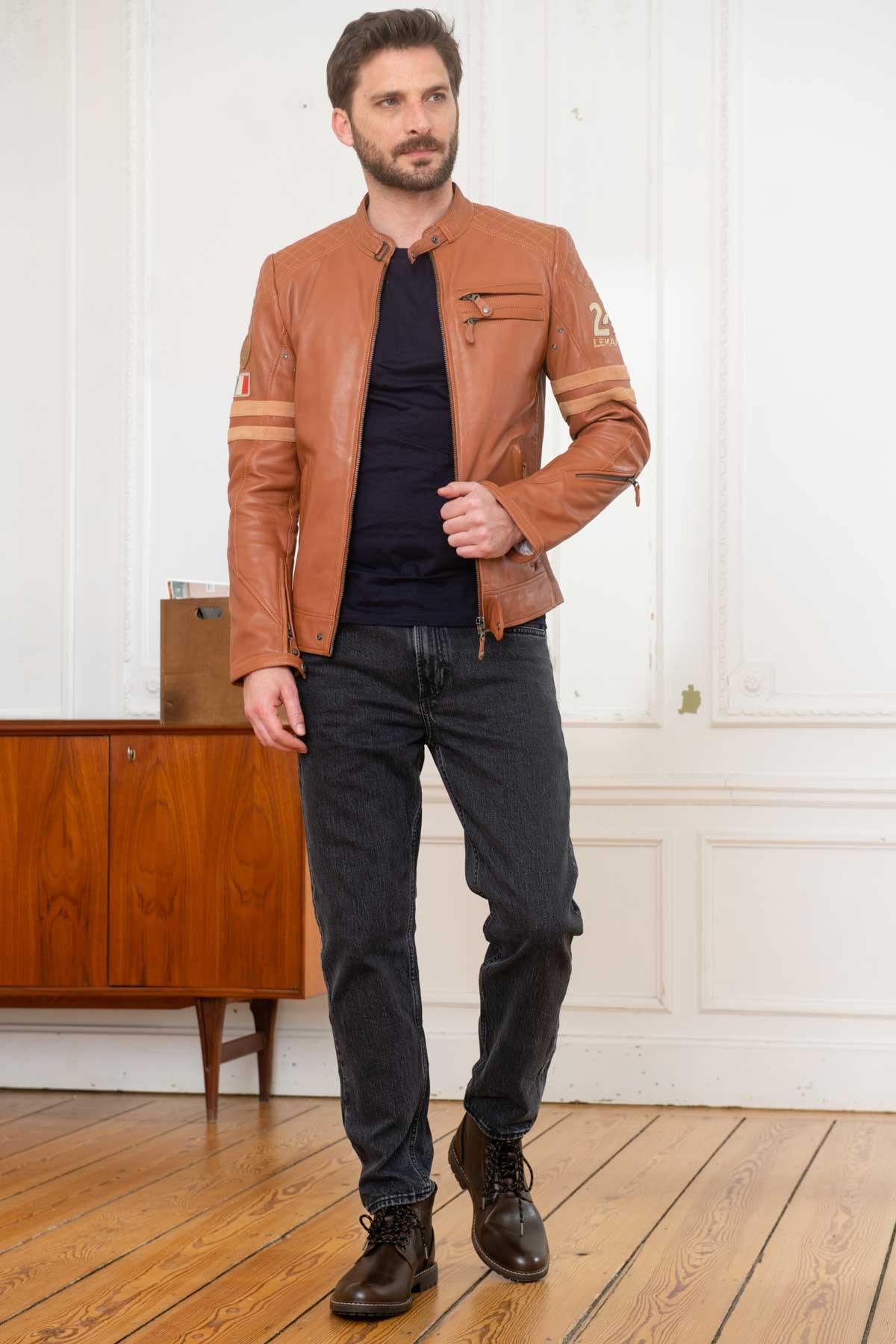 Cognac sheep leather jacket: motard collar, biker details, regular fit. - Image n°3