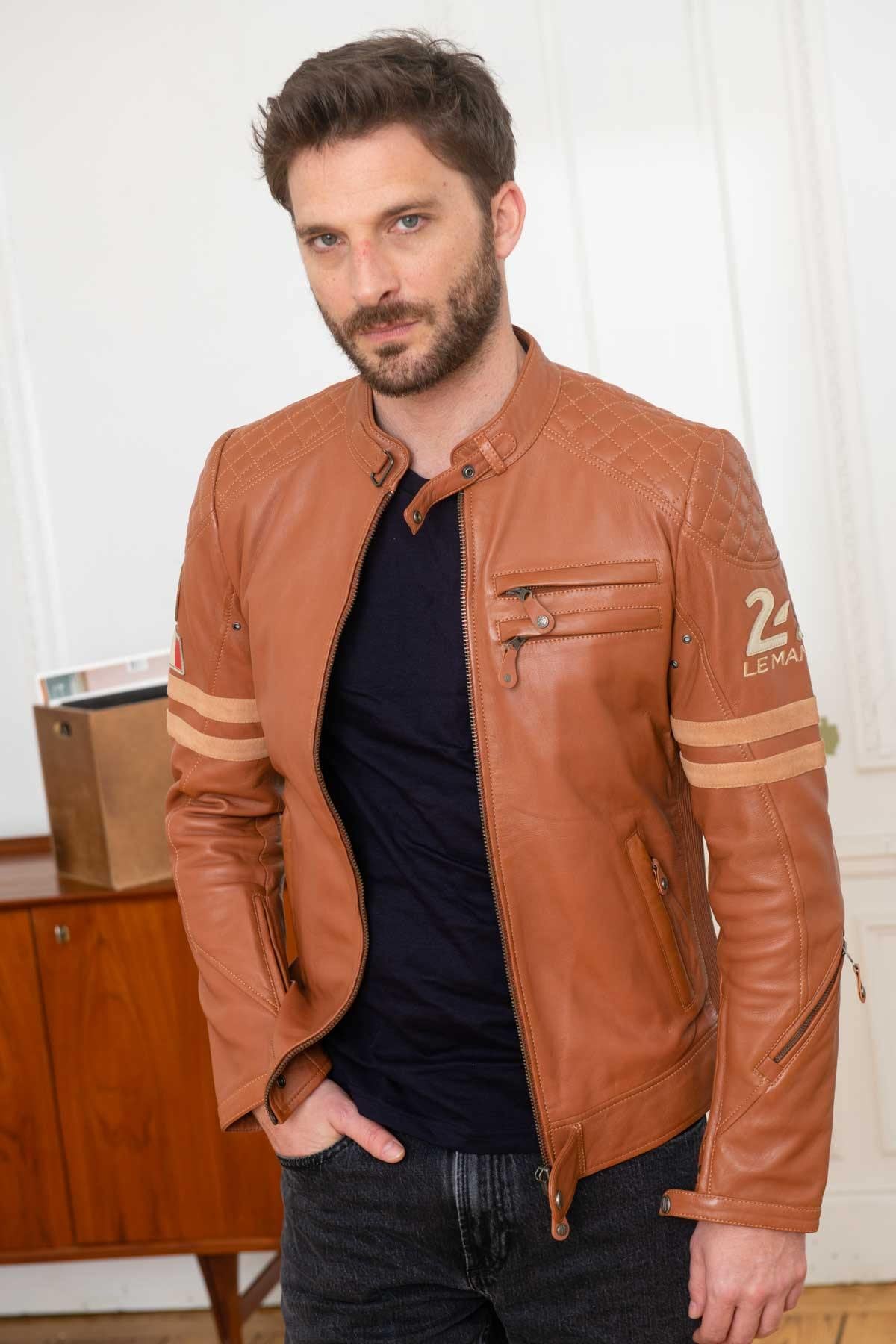 Cognac sheep leather jacket: motard collar, biker details, regular fit. - Image n°1