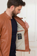 Cognac sheep leather jacket: motard collar, biker details, regular fit. - Image n°4