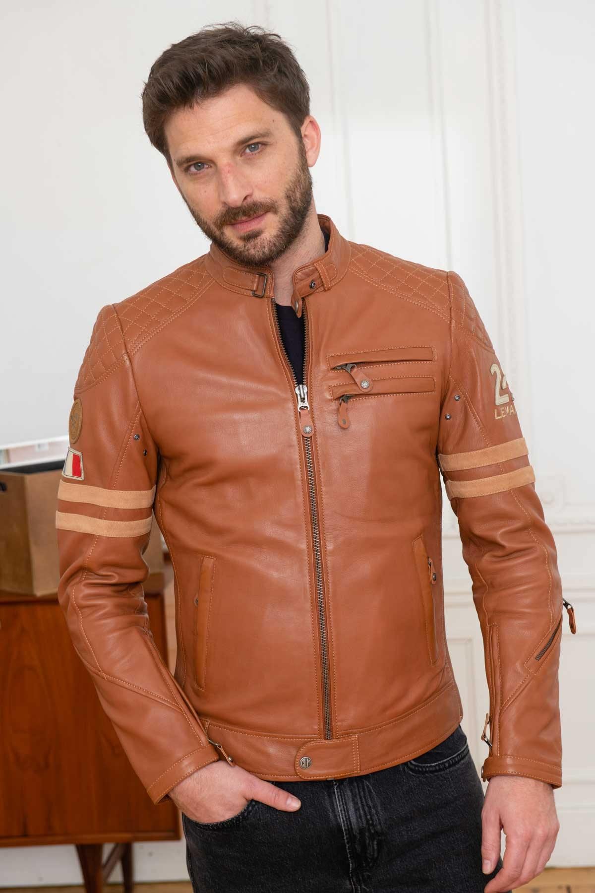 Cognac sheep leather jacket: motard collar, biker details, regular fit. - Image n°5