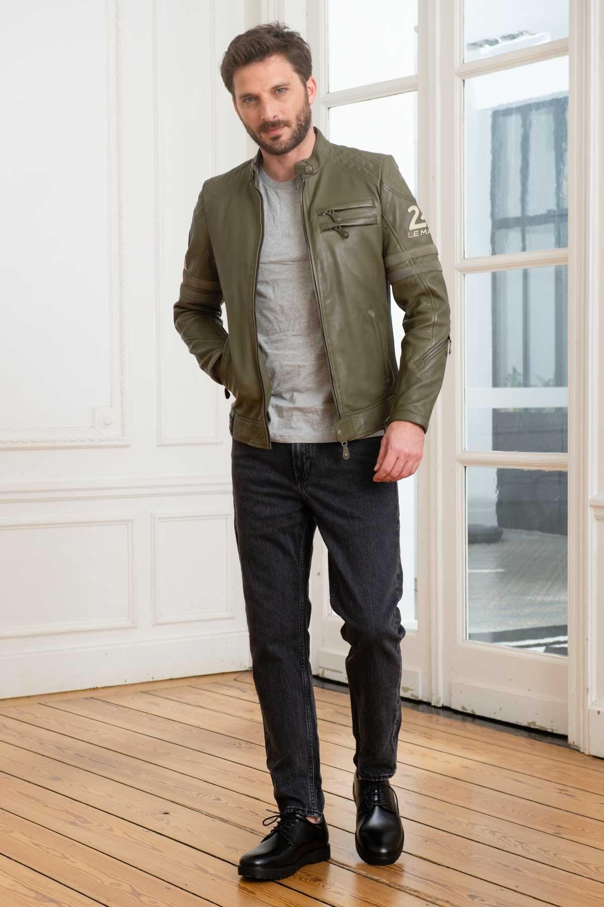 A khaki sheepskin jacket with a biker collar, perfect for any season. - Image n°2