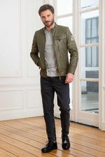 A khaki sheepskin jacket with a biker collar, perfect for any season. - Image n°2