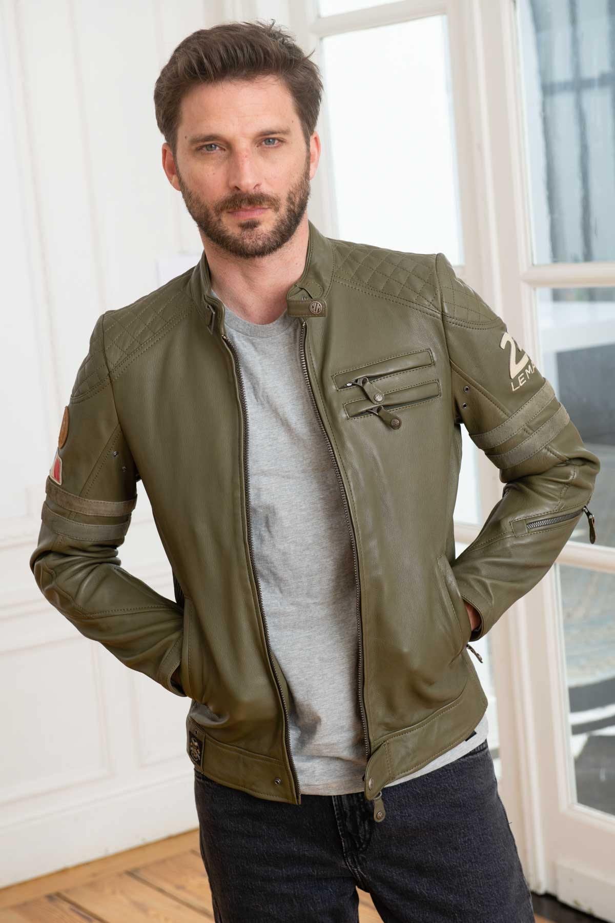A khaki sheepskin jacket with a biker collar, perfect for any season. - Image n°1