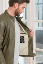 A khaki sheepskin jacket with a biker collar, perfect for any season. - Image n°4