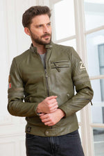 A khaki sheepskin jacket with a biker collar, perfect for any season. - Image n°3