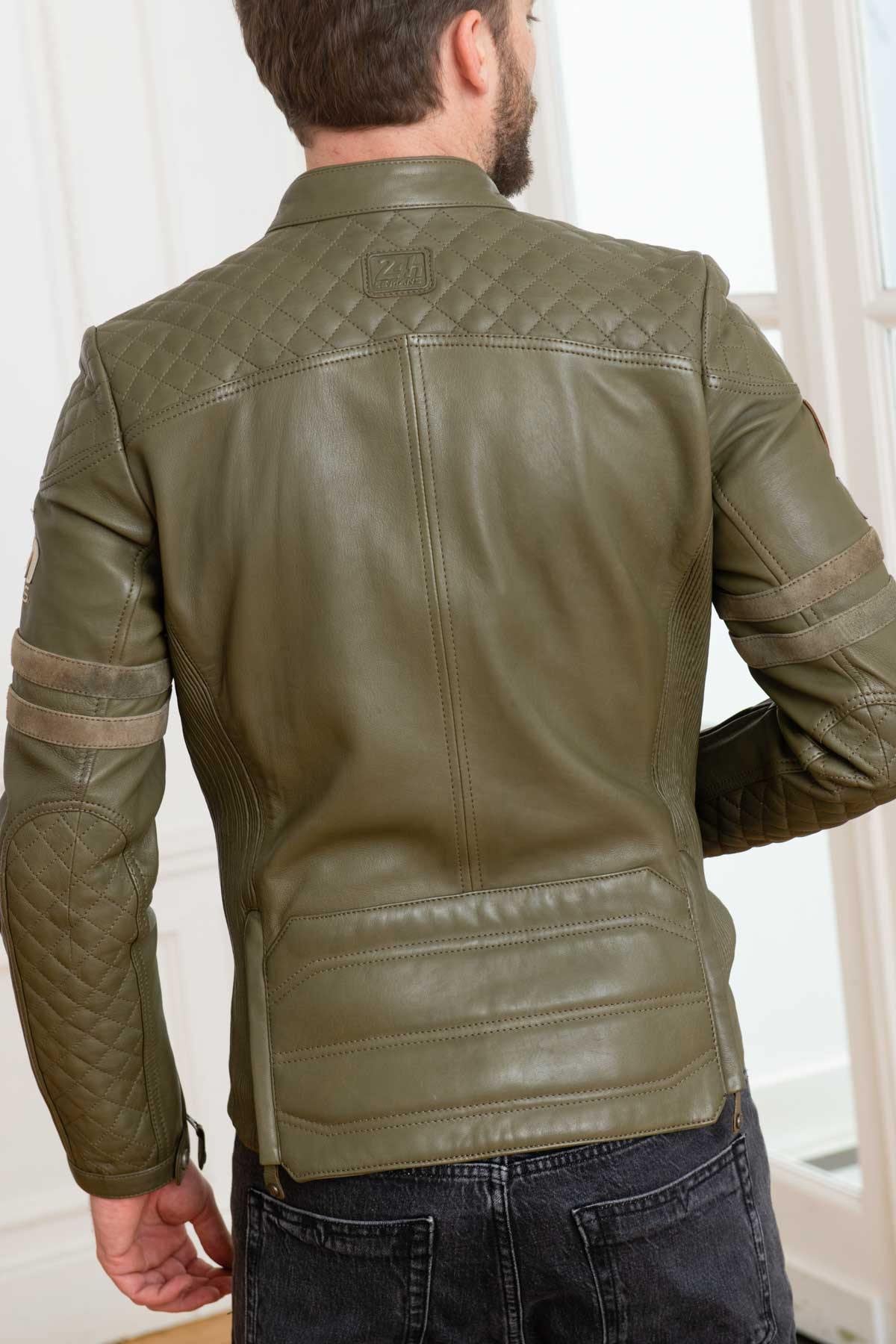 A khaki sheepskin jacket with a biker collar, perfect for any season. - Image n°5