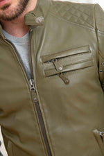 A khaki sheepskin jacket with a biker collar, perfect for any season. - Image n°7