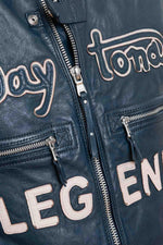 Blue/ecru patched leather jacket with biker collar - Image n°7