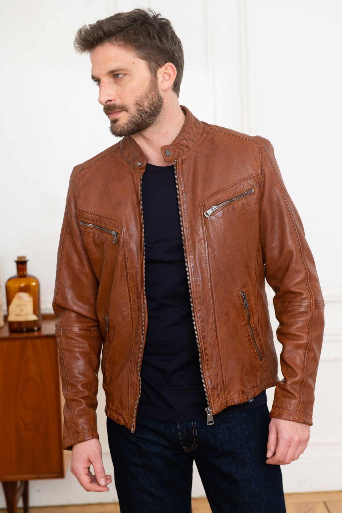 Cognac sheep leather jacket with moto collar and regular fit. - Image n°4