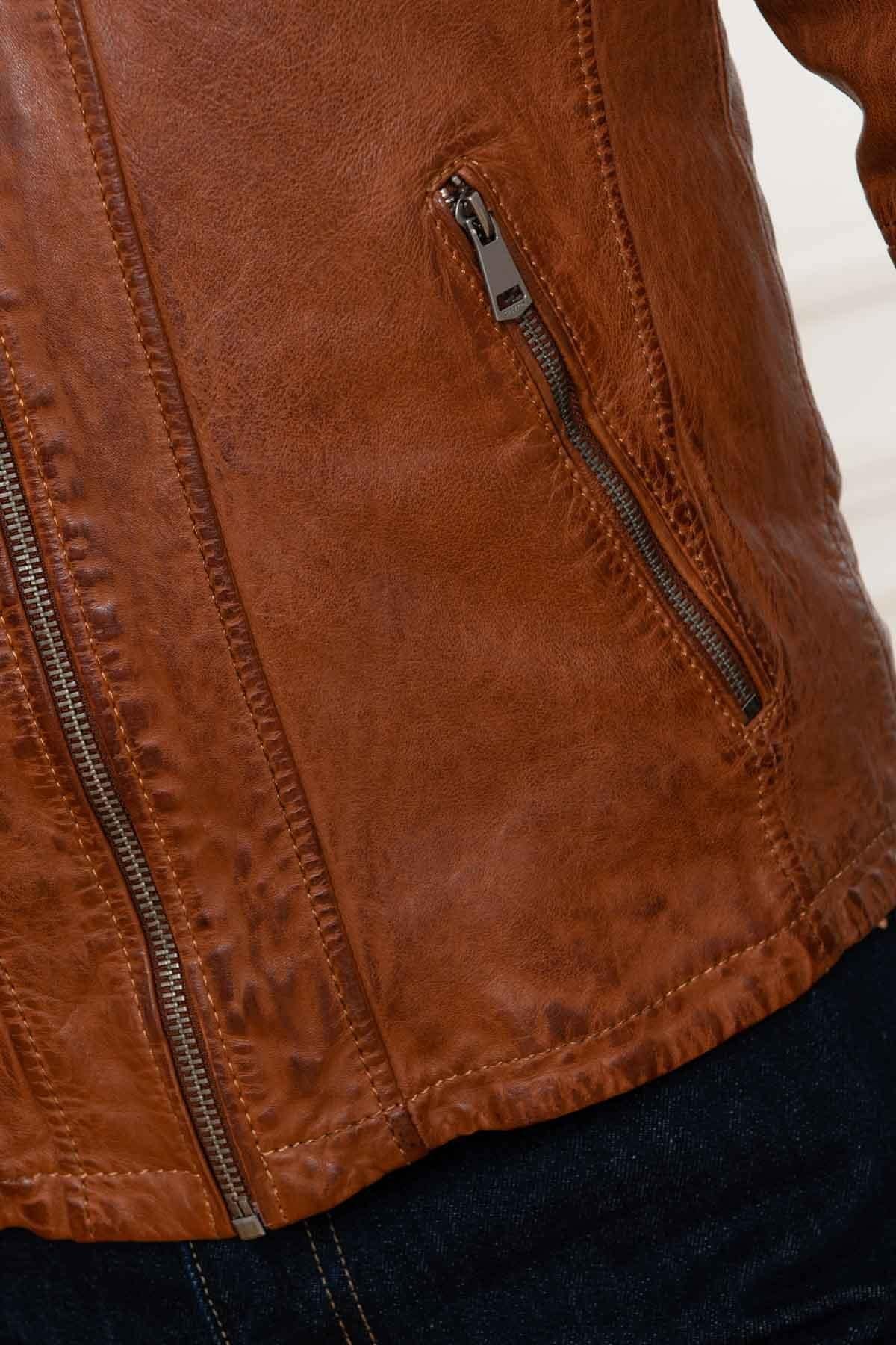 Cognac sheep leather jacket with moto collar and regular fit. - Image n°8