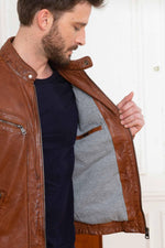 Cognac sheep leather jacket with moto collar and regular fit. - Image n°5