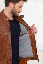 Cognac sheep leather jacket with moto collar and regular fit. - Image n°5
