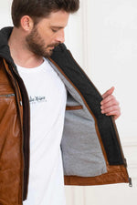 Camel sheepskin jacket with detachable hood and aged finish. - Image n°4