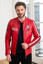Red sheepskin jacket with a motorsport edge-sleek, regular fit. - Image n°4