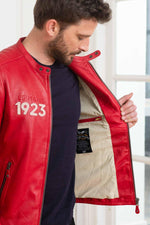 Red sheepskin jacket with a motorsport edge-sleek, regular fit. - Image n°5