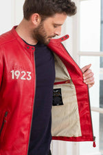 Red sheepskin jacket with a motorsport edge-sleek, regular fit. - Image n°5