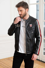 Sheep leather jacket in glossy black, biker collar, motorsport legacy. - Image n°2