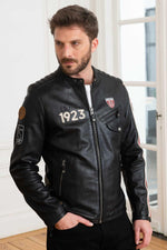 Sheep leather jacket in glossy black, biker collar, motorsport legacy. - Image n°4