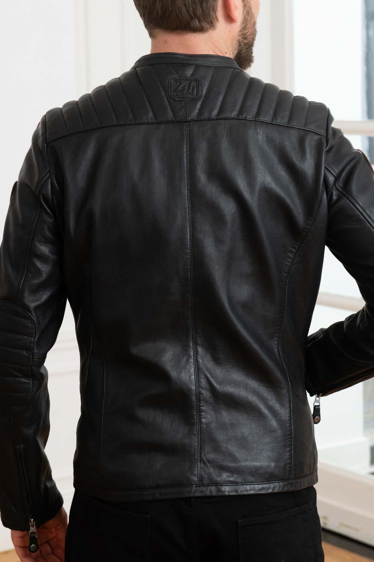 Sheep leather jacket in glossy black, biker collar, motorsport legacy. - Image n°6