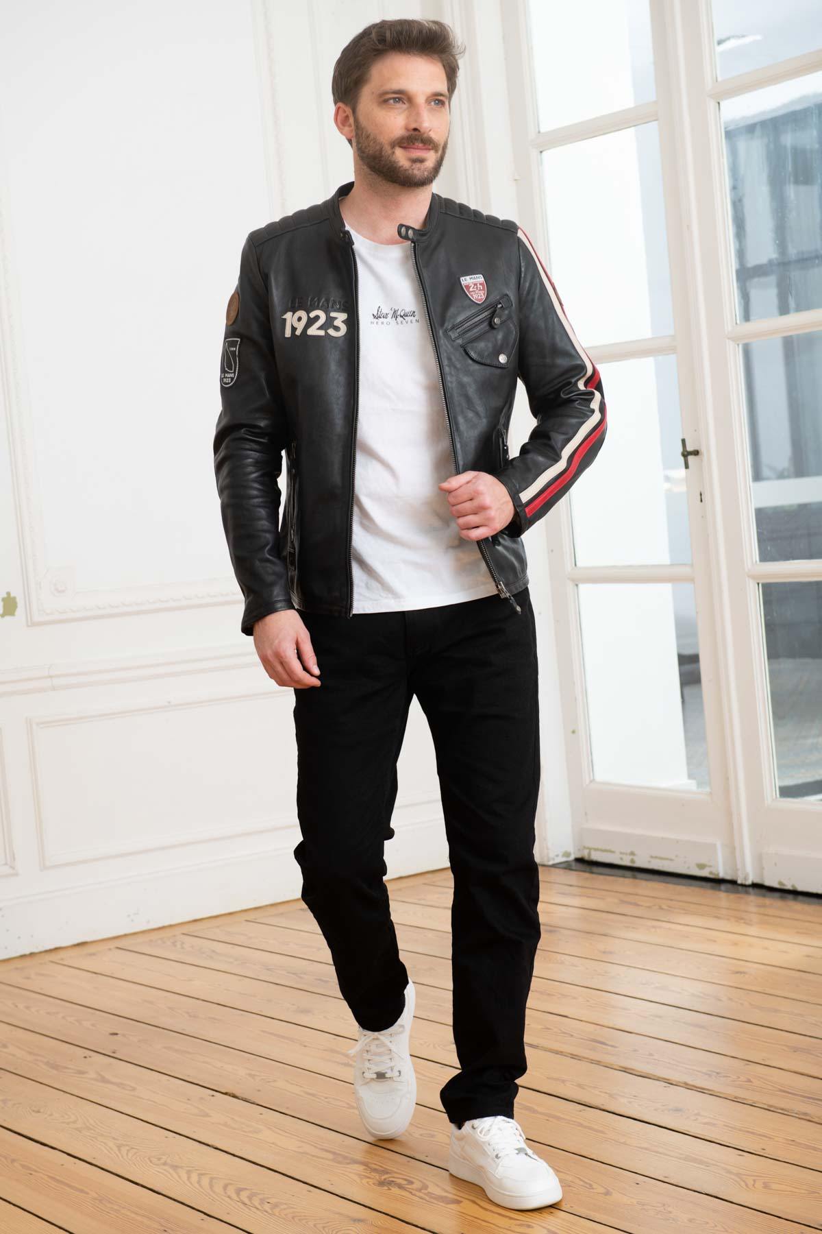 Sheep leather jacket in glossy black, biker collar, motorsport legacy. - Image n°3